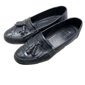 JT Beckett Loafer Dress Shoes 8 D Black Wingtip Tassels Leather Made in Italy